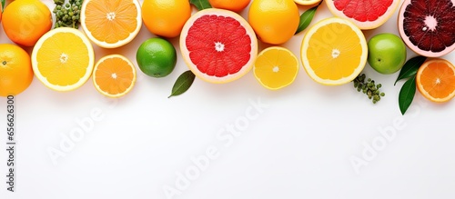 Colorful fresh fruits on white table Variety of oranges tangerines limes lemons and grapefruits Flat lay top view with empty space with copyspace for text
