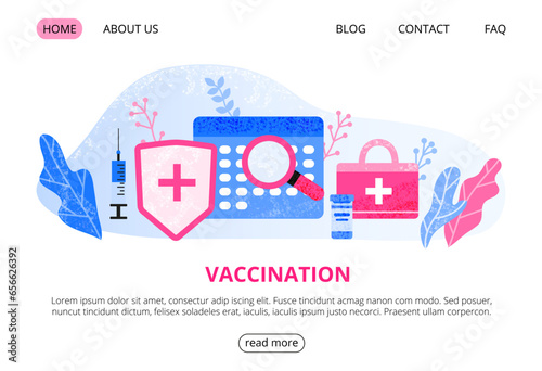 Web page template with big medical syringe, pills, shield, calendar, loupe, leaves.