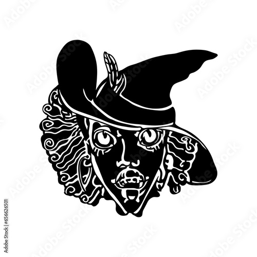 Witch. Graphic drawing of a woman's face. Halloween, a template for a holiday. Cutting along the contour. The silhouette of a witch. Vector witch head.A girl in a witch costume. Laser cutting.