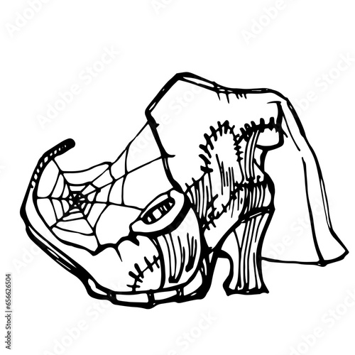 The witch's boot. An old cobweb boot. Halloween, a template for a holiday. Cutting along the contour. The silhouette of a boot. Vector boot with buckle, heel.
For a witch costume. Laser cutting