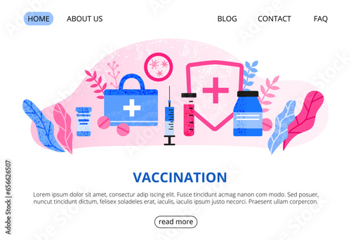 Web page template with big medical syringe, pills, shield, virus, leaves.