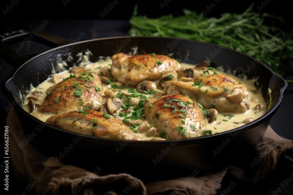 Creamy Tuscan Chicken with Artichoke and Garlic in a Cast Iron Pan. Close-up of Delicious Dinner Cooked at Home Creamy Tuscan Chicken with Artichoke and Garlic in a Cast Iron Pan. Close-up of Delicious Dinner Cooked at Home