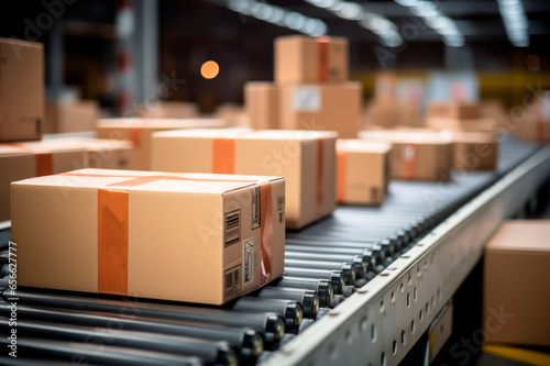 Close-up of multiple cardboard box packages on conveyor belt © Denis
