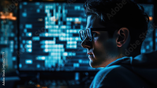 Portrait of a young programmer wearing glasses looking at the screen of a render programming code on a dark background.