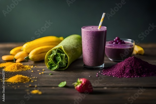 Green, yellow, and purple ingredients are selectively blended into a smoothie