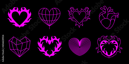 Vector design set, flames and fire, acid neo tribal shapes, y2k elements and abstract illustrations in gothic style, heart and love symbols, gothic and acid tattoos and print templates