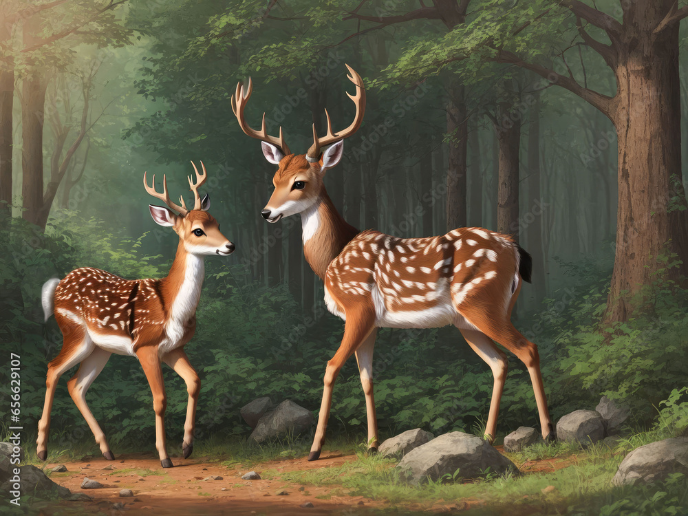 Several Baby Deer Playing Together in Nature. 3D deer in the forest Several Baby Deer Playing Together in Nature. 3D deer in the forest