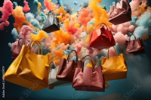 There are several brightly colored handbags in a variety of colors, appearing to float in clouds of colored smoke.