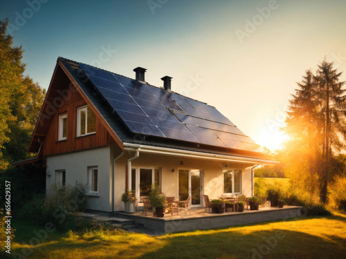 Photo collage of solar panels, photovoltaics on the roof of a house and a beautiful sky with the setting sun. Alternative electricity source. Concept of sustainable resources