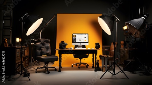 Photo studio interior with equipment and lighting. 3d rendering, 3d illustration