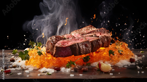 Embark on an exhilarating culinary escapade  capturing the essence of a succulent steak in flight. Witness the symphony of splashes  with seasonings and toppings  including suspended salt crystals