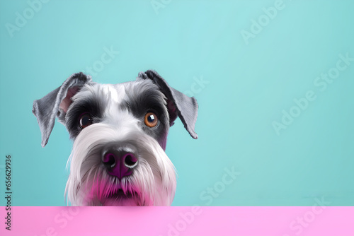 Creative animal concept. Schnauzer dog puppy peeking over pastel bright background. advertisement, banner, card. copy text space. birthday party invite invitation 