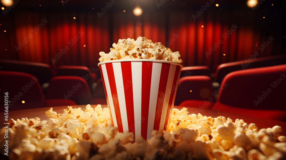 Overflowing Golden Popcorn Cup and Red Velvet Cinema Seat in Authentic Cinematic Setting