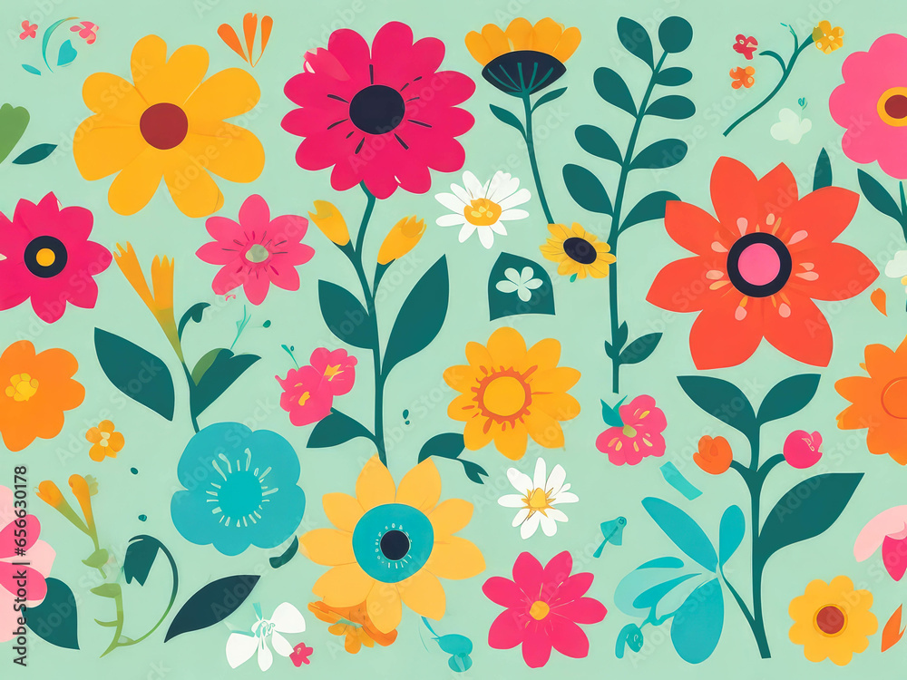 wallpaper of flowers, flat design. Colorful flower pattern illustration.