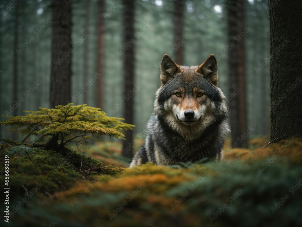 Grey Wolf (Canis lupus) Portrait. The wolf captured in a close-up shot while the forest forms the background. The forest rich with towering trees, lush vegetation. - obrazy, fototapety, plakaty 