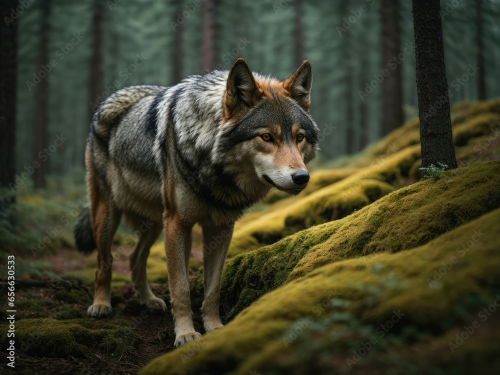 Grey Wolf (Canis lupus) Portrait. The wolf captured in a close-up shot while the forest forms the background. The forest rich with towering trees, lush vegetation. Grey Wolf (Canis lupus) Portrait. The wolf captured in a close-up shot while the forest forms the background. The forest rich with towering trees, lush vegetation.