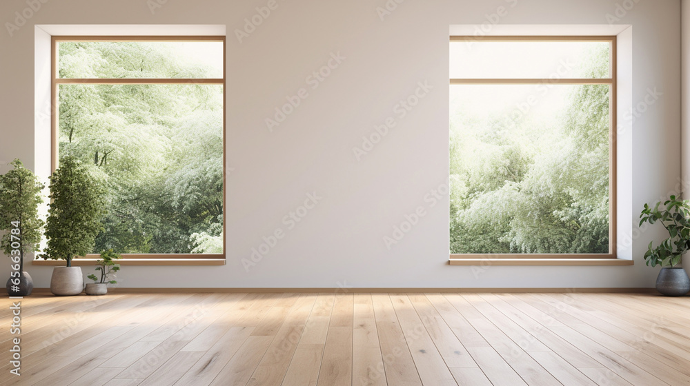 Pusty biały pokój z dużym oknem i drewnianą podłogą - obrazy, fototapety, plakaty 