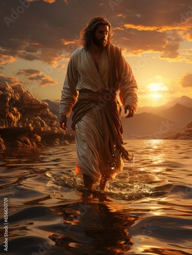 Jesus Christ walks on the surface of the water. AI