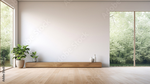 Pusty biały pokój z dużym oknem i drewnianą podłogą photo
