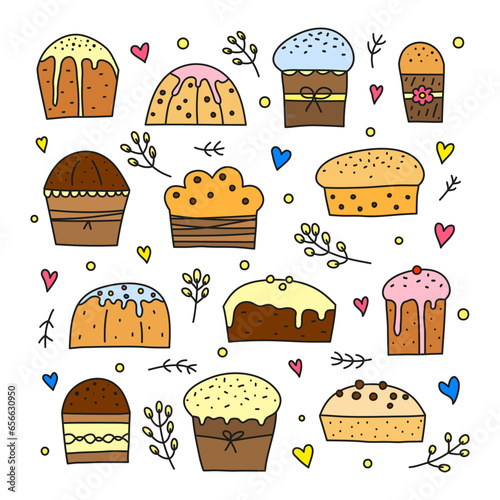 Set of doodle Easter kulich cakes.