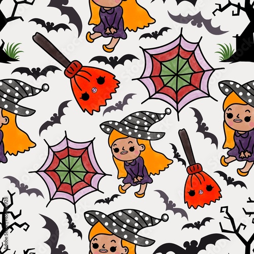  Seamless pattern Halloween cartoon background icons dead characters prefer dark calm night fashion children t-shirt repeat cute doodle art fabric pattern background wallpaper hand drawn