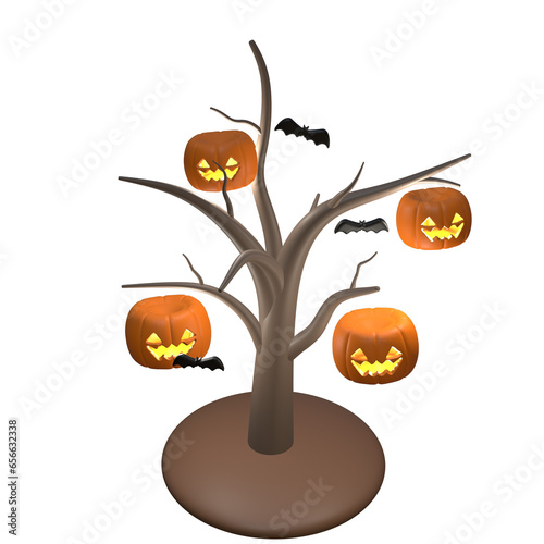 Halloween tree with scary pumpkins 