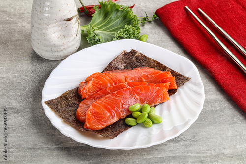 Sliced salmon sashimi in the plate