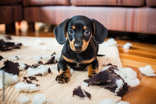 The dachshund puppy tore the pillow, the sofa and sits among the mess.