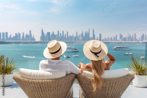 A man and a woman sit on the terrace of a penthouse and admire the view of Dubai. photo