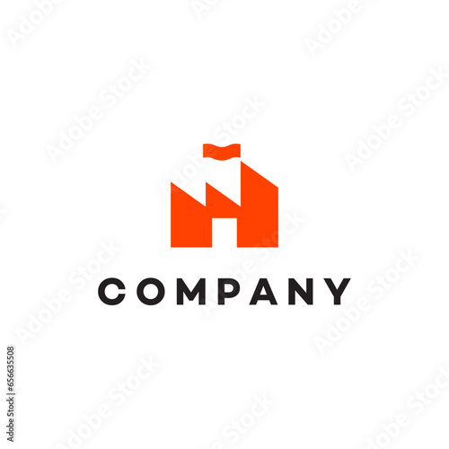 Factory industry engineering building pollution production house manufacturing business, logo, design, brand identity, flat logo, company, editable, vector, icon, business, sign, symbol, house, illust