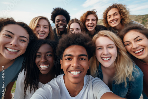 A large multiethnic group of young people take a selfie.