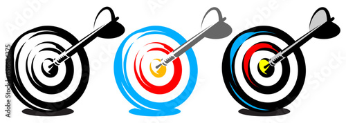 A round target with dart sticking out in the center. Set of vector templates with different colors