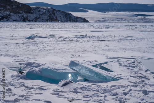 On the ice of Lake Baikal. beautiful pieces of ice. Ice hummock on the ice of lake Baikal