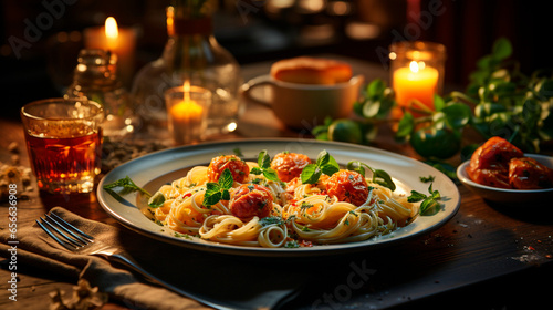 Cozy Kitchen Table with Spaghetti and Marinara Sauce. Generative AI.
