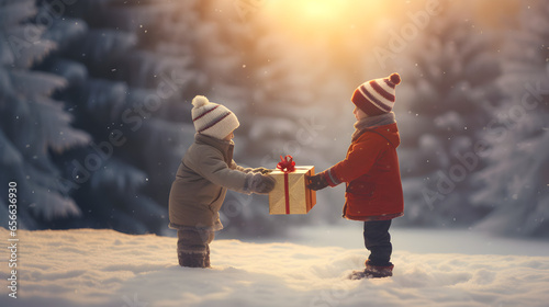 Two kids sharing a gift box for Christmas, looking at each other, face to face. Children playing xmas secret santa. Outdoor scene with sunset in the snow of winter. Wrapped present.