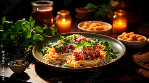 Rustic Italian Dining: Homemade Spaghetti with tomato sauce and basil. Generative AI.