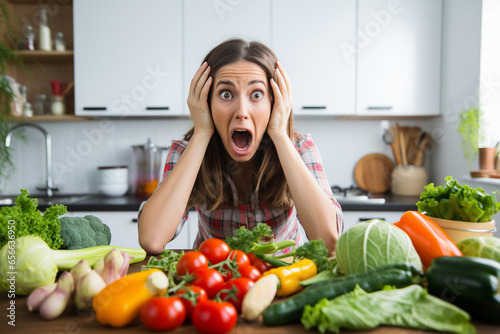 A young woman in the kitchen is horrified and hysterical from the amount of food for cooking dinner. photo