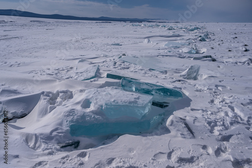 On the ice of Lake Baikal. beautiful pieces of ice. Ice hummock on the ice of lake Baikal