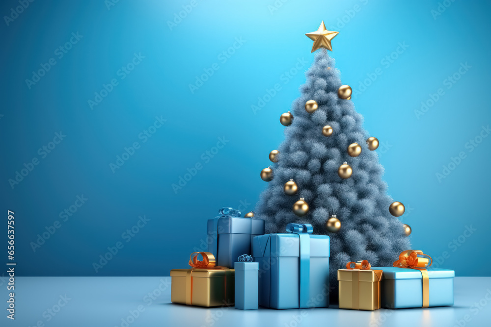 New year banner with Christmas tree decorated bright balls and gift boxes on blue background with copy space. 