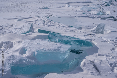 On the ice of Lake Baikal. beautiful pieces of ice. Ice hummock on the ice of lake Baikal