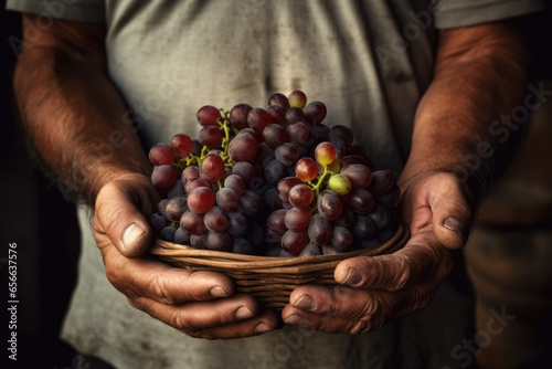 Man hands hold harvest bunch of dark grapes in close up. 