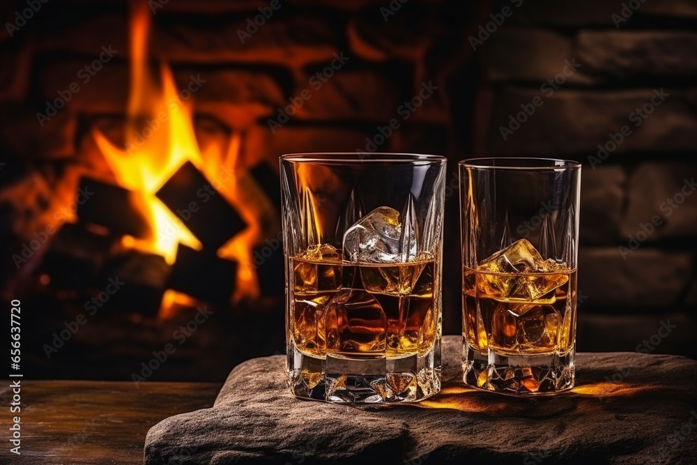 A bottle of whiskey and a glass on a wooden table against the backdrop of a fireplace. AI generated.