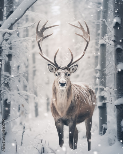 One noble male deer with huge branched horns stands and looks in camera in winter snowy forest. 