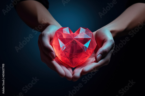 Human hands hold large red glass heart like brilliant on dark background. Concept of world children day and national organ donor day. 