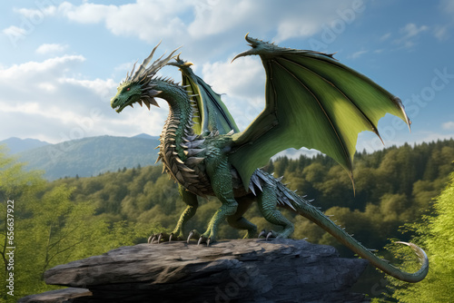 Large green dragon with wings stands on rock against blue sky background, symbol of year according to Chinese lunar calendar.  © Balica
