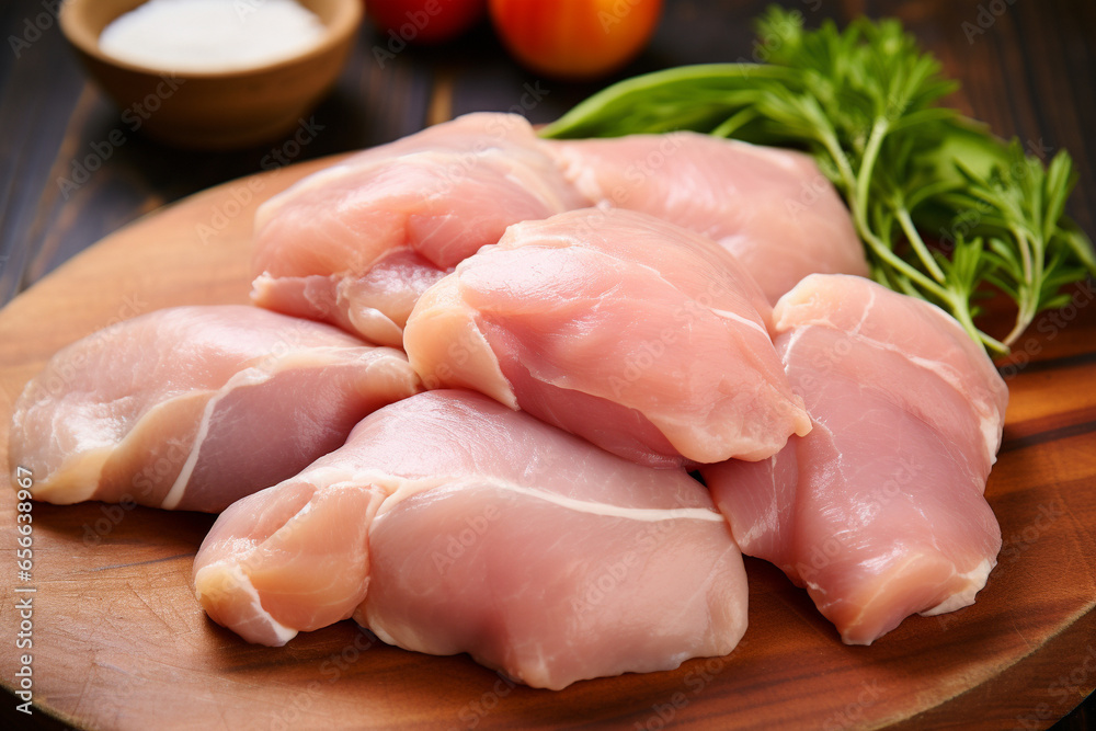 Boneless chicken thigh pieces of meat seasoned with spices on a wooden board. Boneless chicken thigh pieces of meat seasoned with spices on a wooden board.