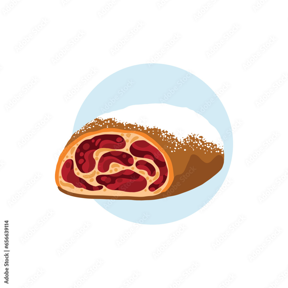 Strudel with cherry sprinkled with powdered sugar. National Austrian dish. Appetizing pastry dessert. Vector cartoon hand drawn colorful illustration. Isolate on a white background.