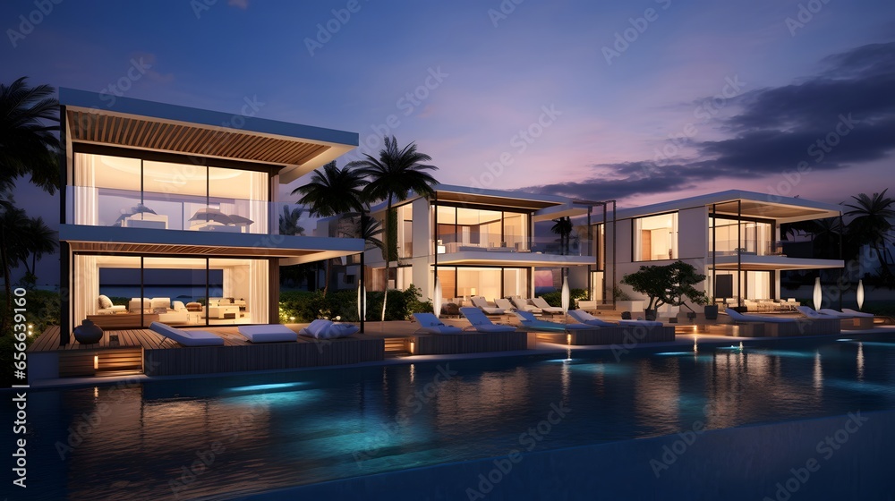 Luxury villa with swimming pool at night. Panorama.