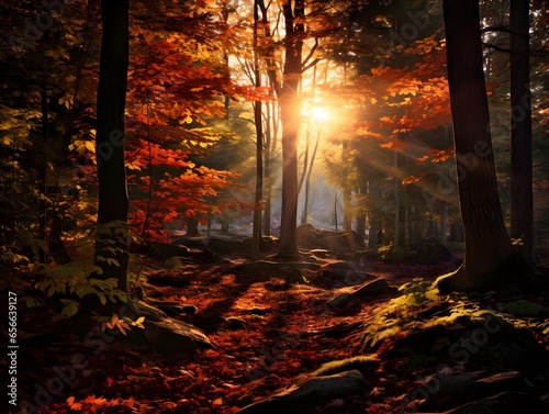 Autumn forest in the rays of the setting sun. Panorama.
