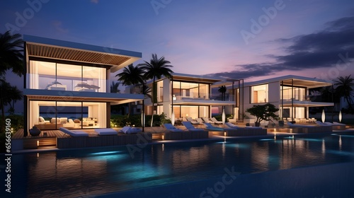 Luxury villa with swimming pool at night. Panorama. © Iman
